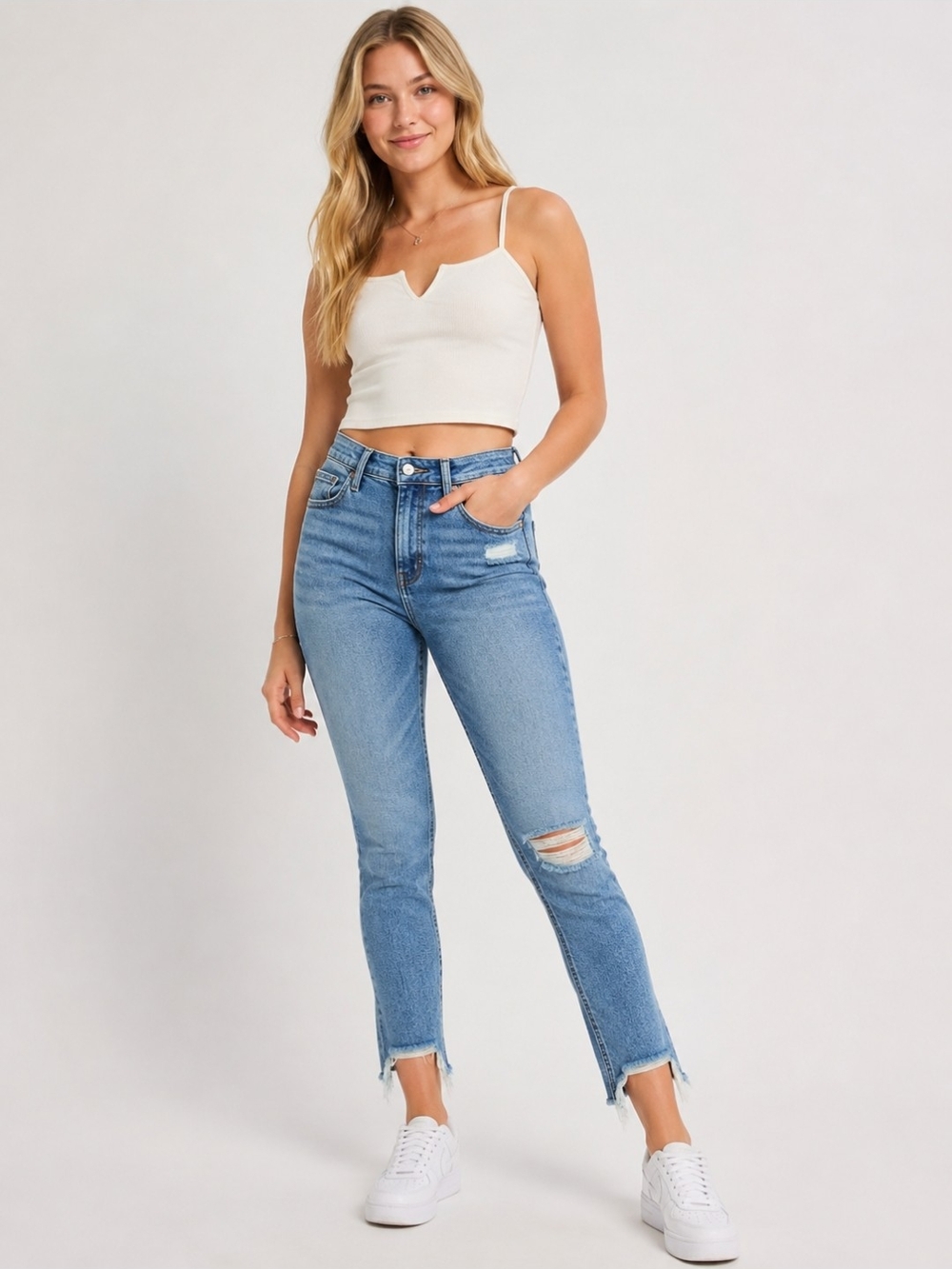 American Eagle Outfitters Distressed Skinny Jeans Raw Hem Medium Wash Sz.10 Long